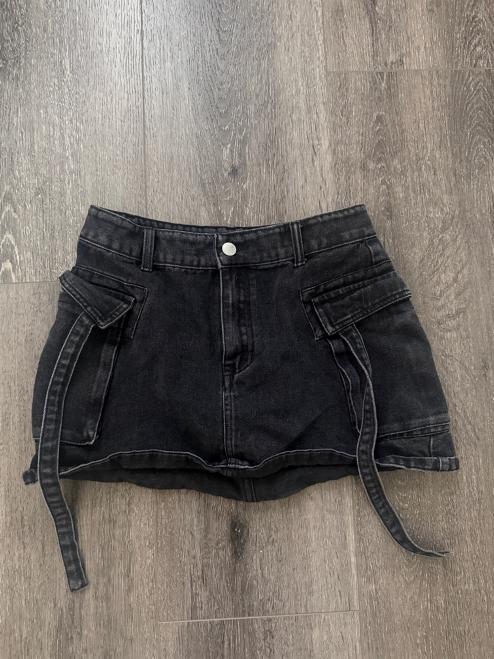 Black Denim Mini Skirt with Utility Pockets